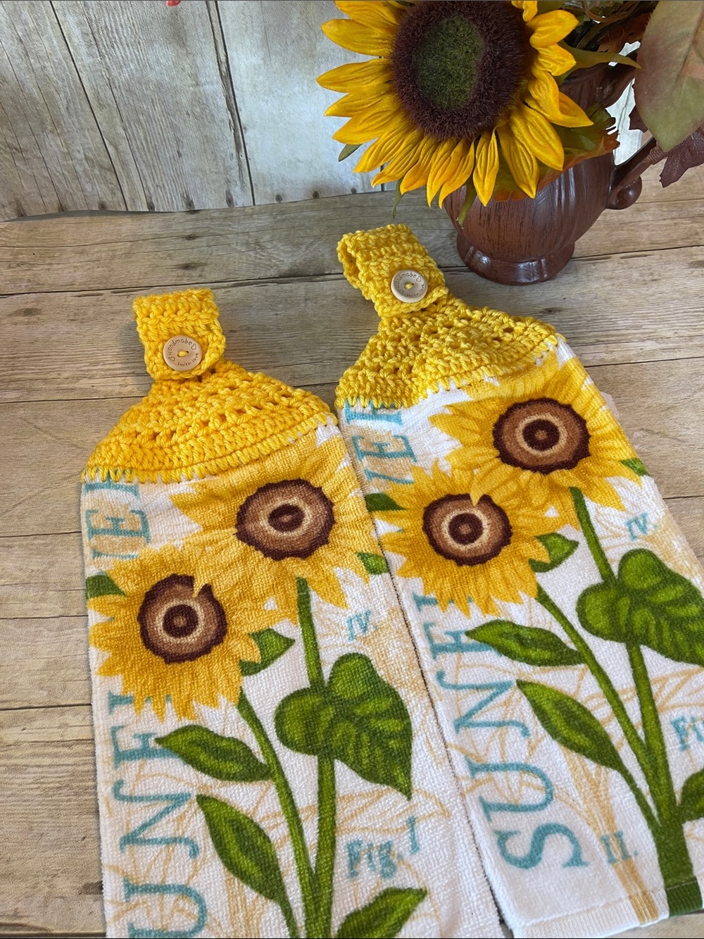 Big Sunflowers Hanging HandTowels Set of 2 Yellow Top Handmade W/ Love